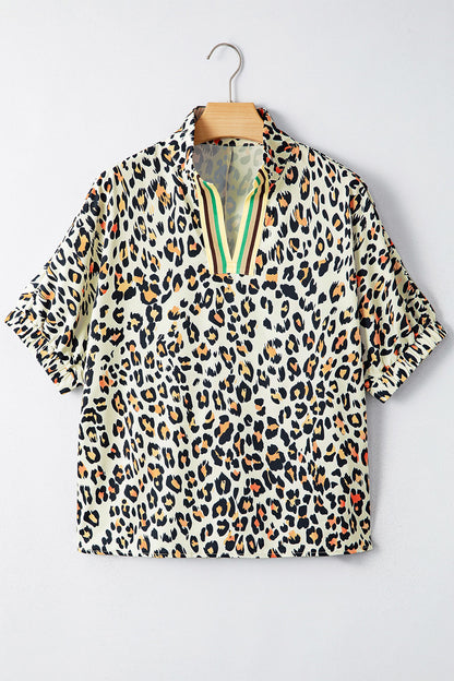 Khaki Leopard Color Block Contrast Striped V Neck Half Sleeve Loose Fit Blouse