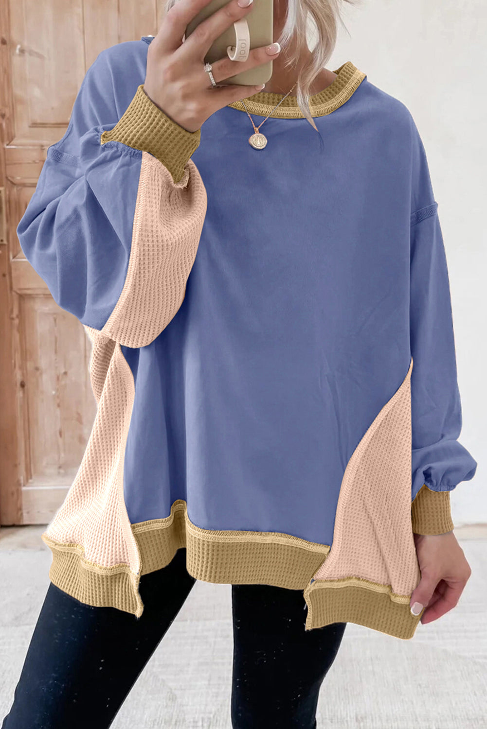 Wild Wind Color Block Mix Texture Waffle Patchwork Oversize Sweatshirt