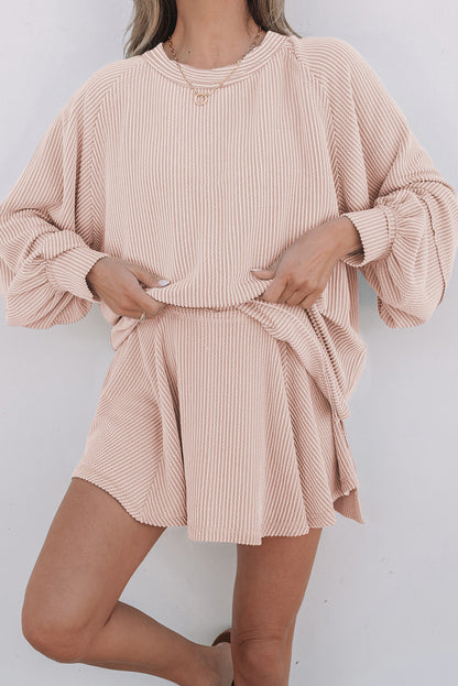 Jet Stream Corded Lantern Sleeve Top High Waist Ruffled Mini Skirt Set