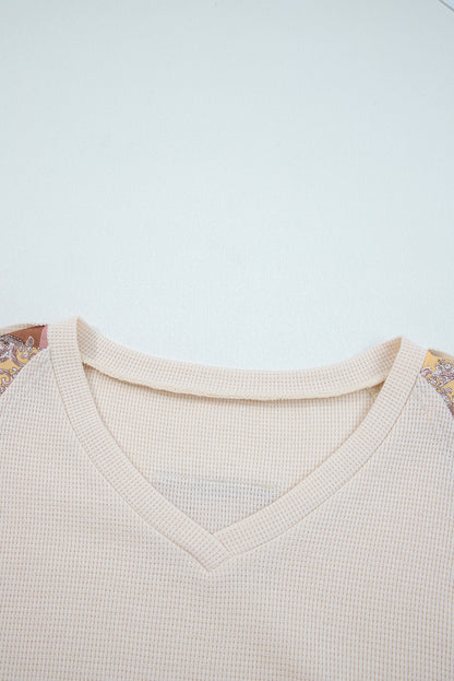 Beige Paisley Ethnic Print Contrast Patchwork Long Sleeve Loose Top