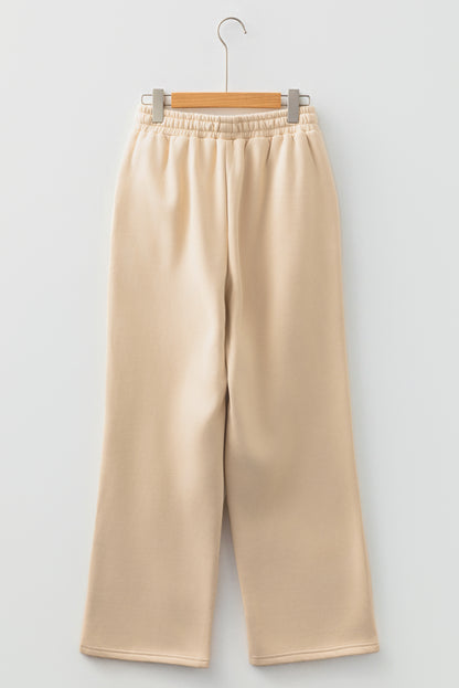 Oatmeal Fleece Lined Leopard Drawstring Elastic Waist Solid Pants