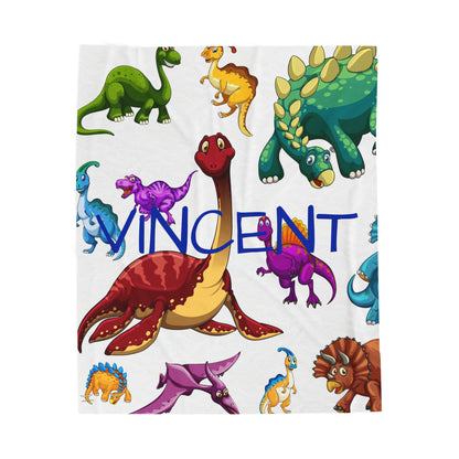 Personalized Dinosaur Plush Blanket — Kids' Velveteen Name Blanket (e.g., "Vincent")
