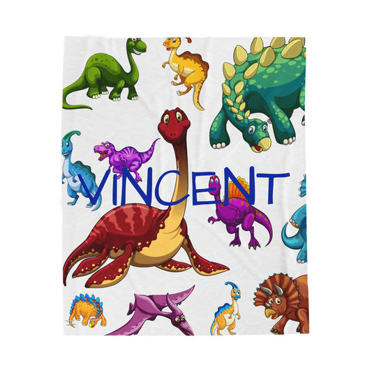 Personalized Dinosaur Plush Blanket — Kids' Velveteen Name Blanket (e.g., "Vincent")