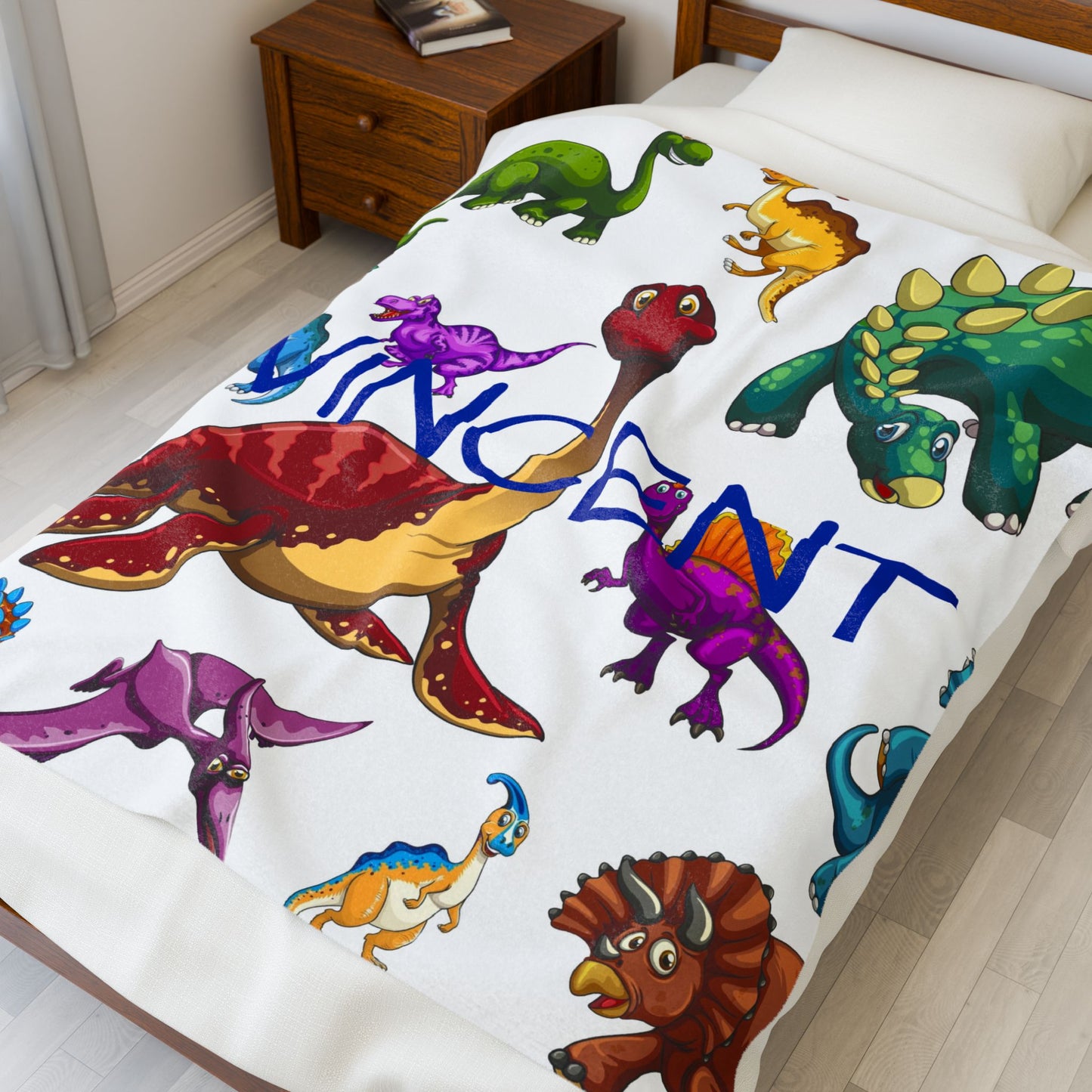 Personalized Dinosaur Plush Blanket — Kids' Velveteen Name Blanket (e.g., "Vincent")