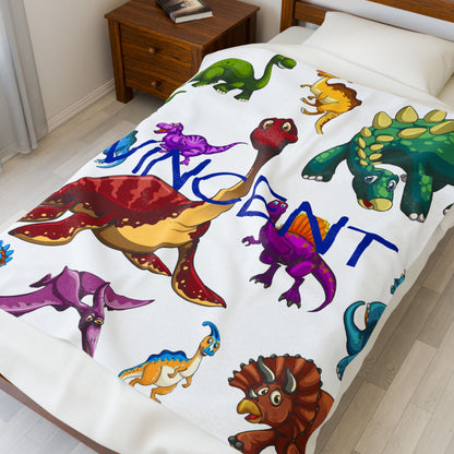 Personalized Dinosaur Plush Blanket — Kids' Velveteen Name Blanket (e.g., "Vincent")