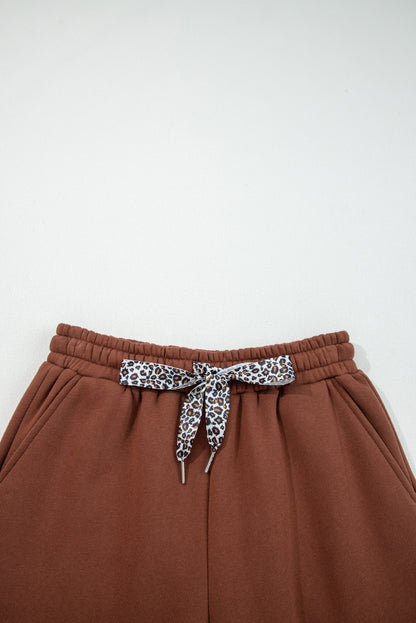 Dearlovers Coffee Fleece Lined Leopard Drawstring Elastic Waist Solid Pants