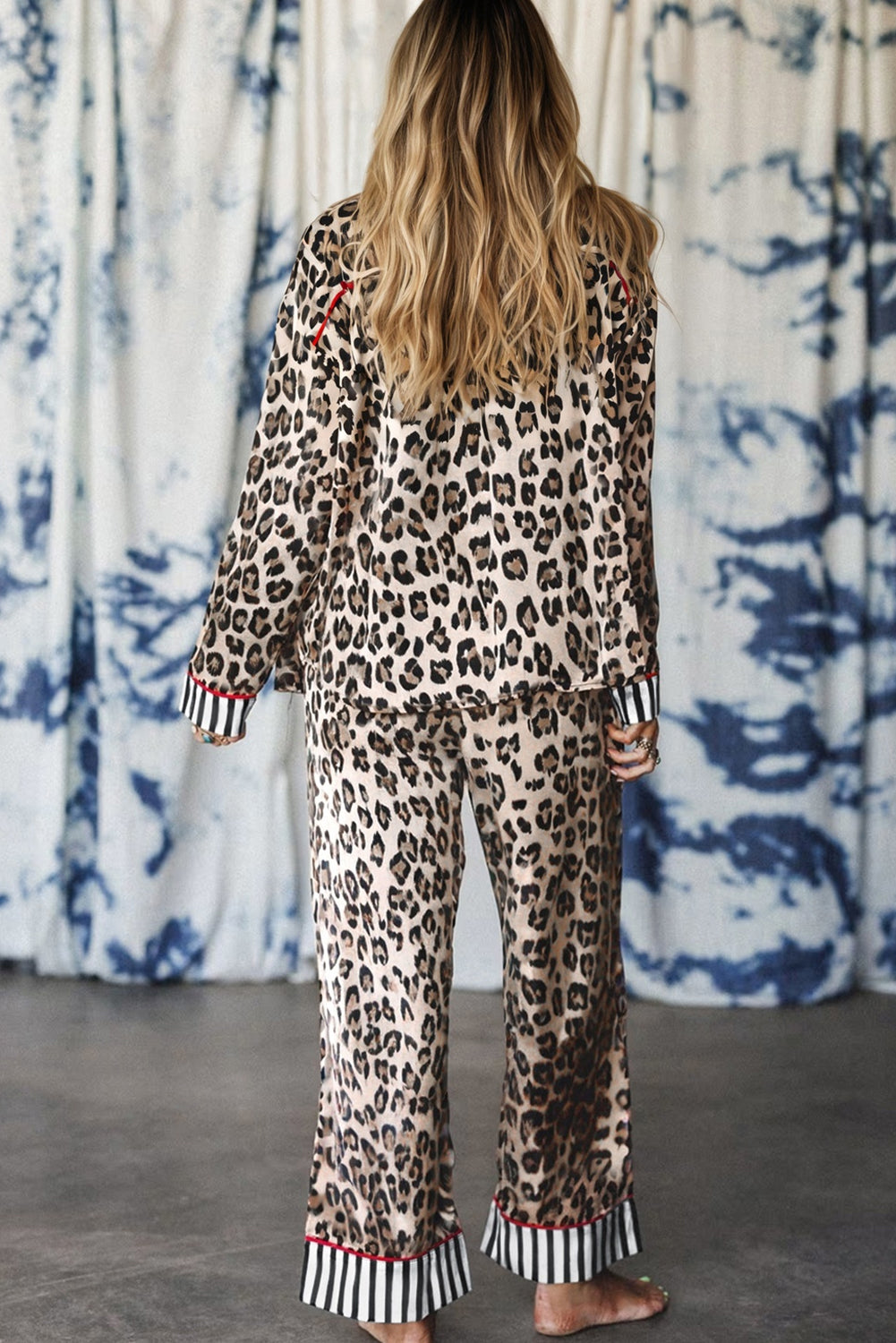 Dearlove Khaki Leopard Print Colorblock Striped Edge Shirt and Pants Pajama Set
