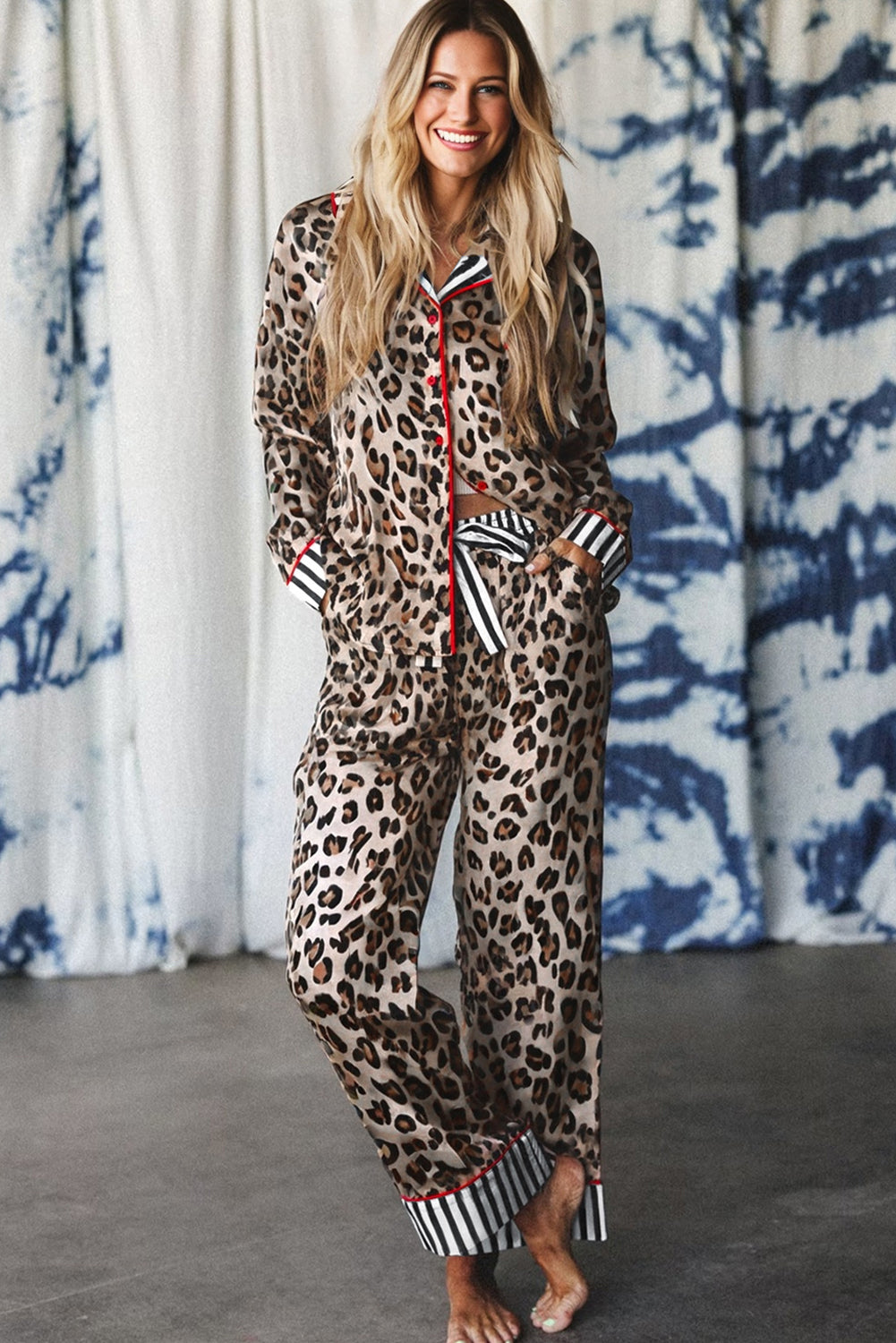 Dearlove Khaki Leopard Print Colorblock Striped Edge Shirt and Pants Pajama Set