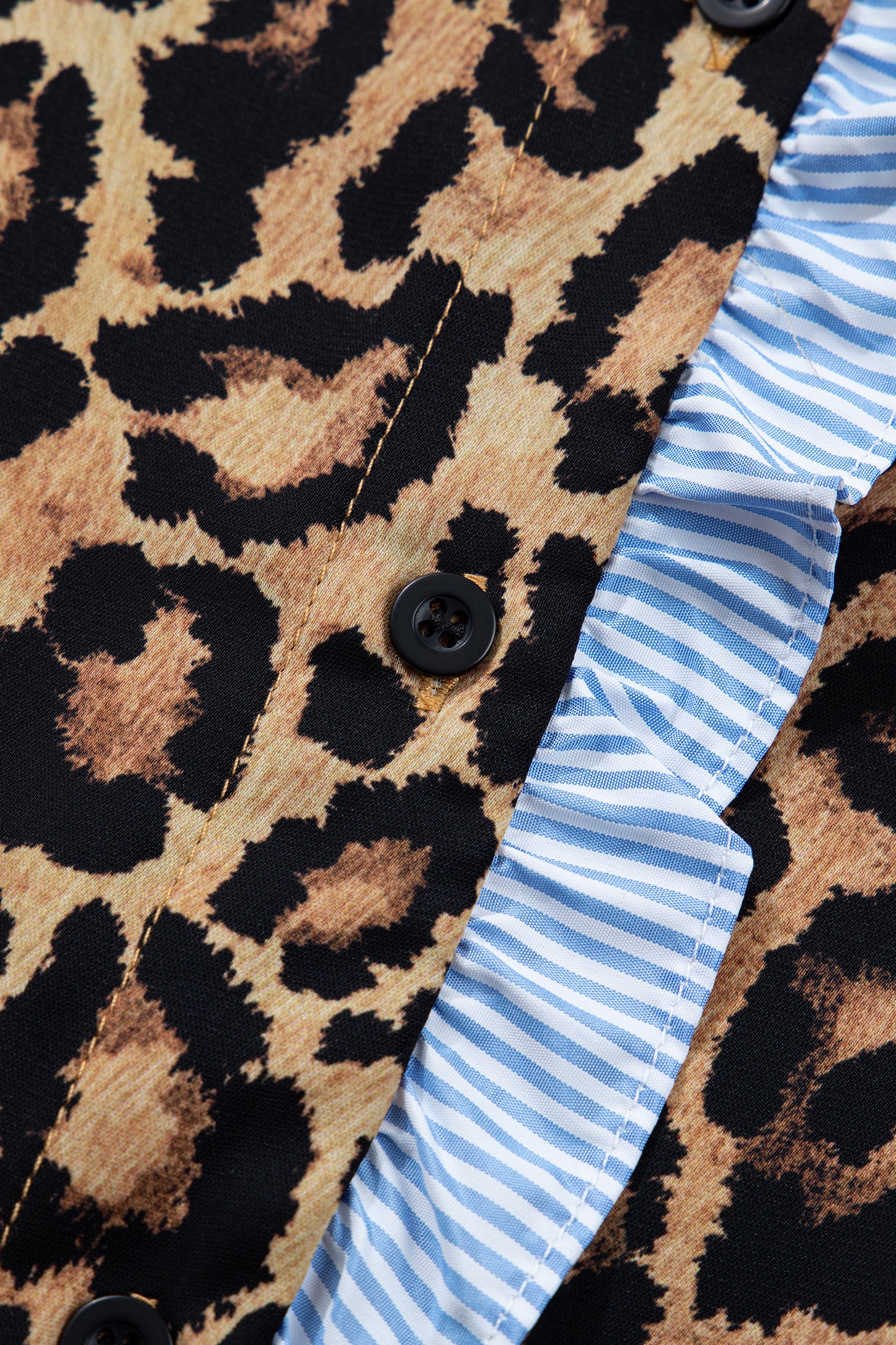 Brown Wild Leopard Print Contrast Striped Frilled Trim Chic Shirt