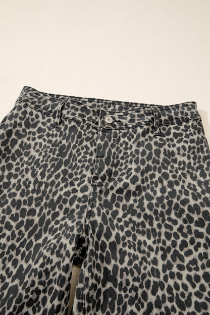 Black Leopard Print Wide Leg High Waist Jeans