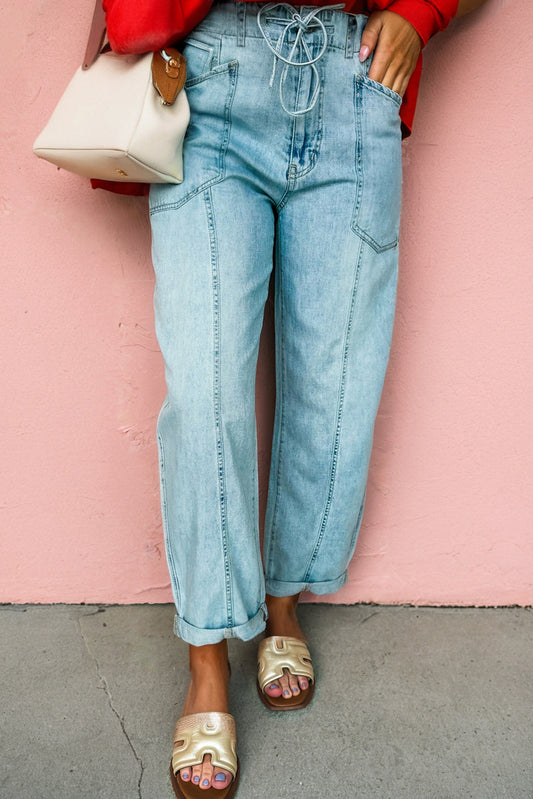 Myosotis Exposed Stitch Detail Drawstring Barrel Jeans
