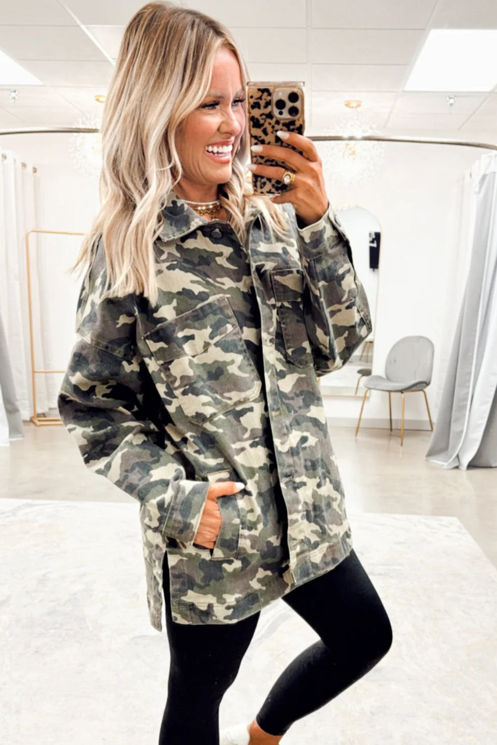 Green Camo Chest Pockets Loose Jean Jacket