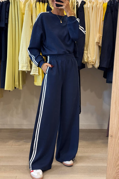 Dirty blue Varsity Striped Detail Crewneck Pullover Elastic Sweatpants 2pcs Outfit