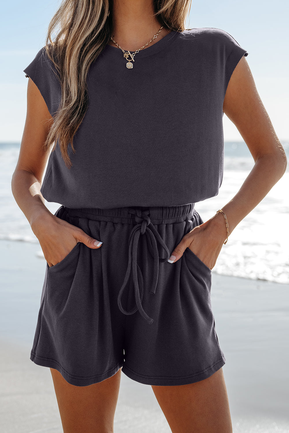 Bristol Black Knit Open Back Cap Sleeve Drawstring Elastic Waistband Romper