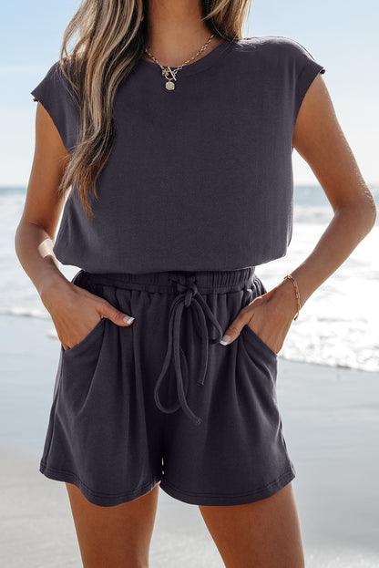 Bristol Black Knit Open Back Cap Sleeve Drawstring Elastic Waistband Romper