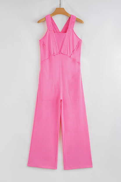 Bonbon Mineral Wash Raw Seam Patchwork Wide Leg Loose Jumpsuit