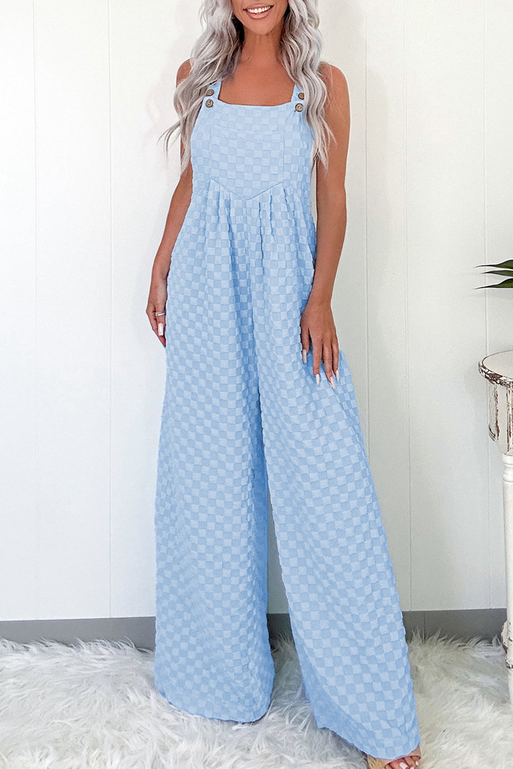 Beau Blue Checkered Pocketed High Waist Wide Leg Overall