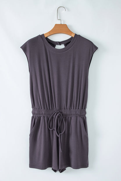 Bristol Black Knit Open Back Cap Sleeve Drawstring Elastic Waistband Romper