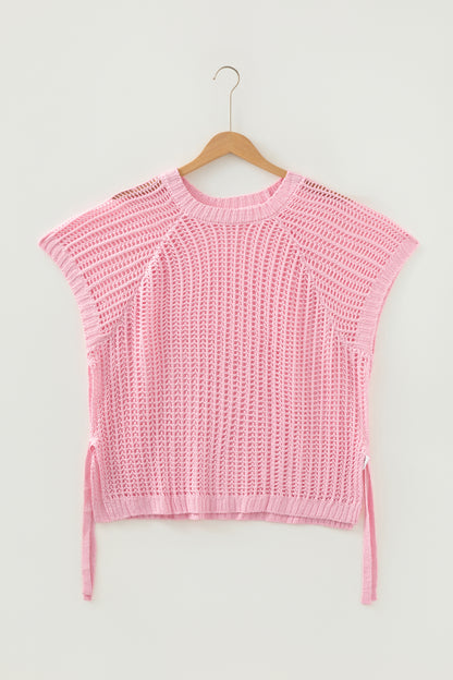 Pink Plus Size Open Knit Bow Tie Short Sleeve Sweater