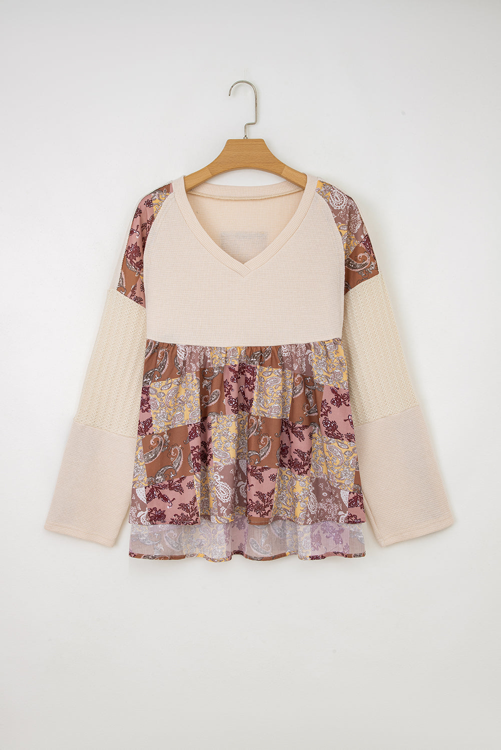 Beige Paisley Ethnic Print Contrast Patchwork Long Sleeve Loose Top