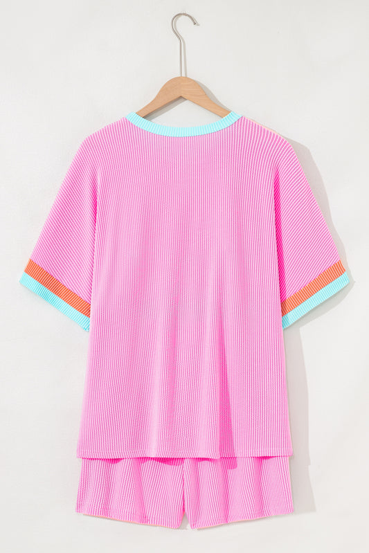 Bonbon Plus Size Color Block Corded Knit Tee and Shorts Set