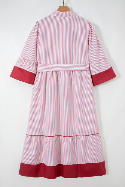 Red Stripe Plus Size Ruffled Hem Pinstriped Midi Dress