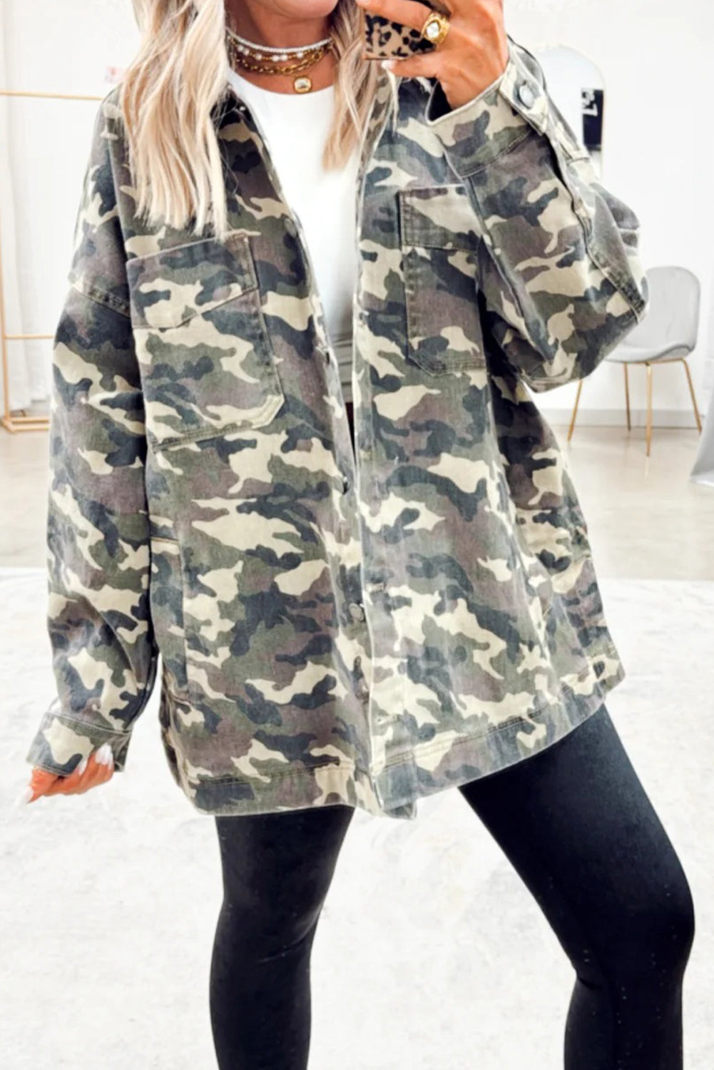 Green Camo Chest Pockets Loose Jean Jacket