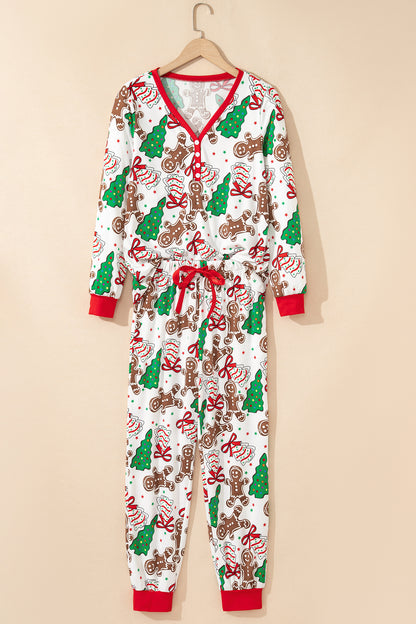 White Christmas Pattern Button V Neck Pullover Drawstring Pants 2pcs Lounge Set