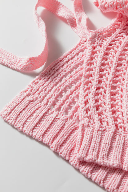 Pink Plus Size Open Knit Bow Tie Short Sleeve Sweater