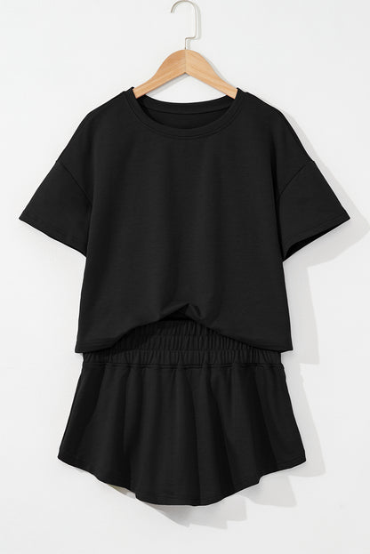Black 2pcs Cropped Tee and Ruffle High Waist Skort Set