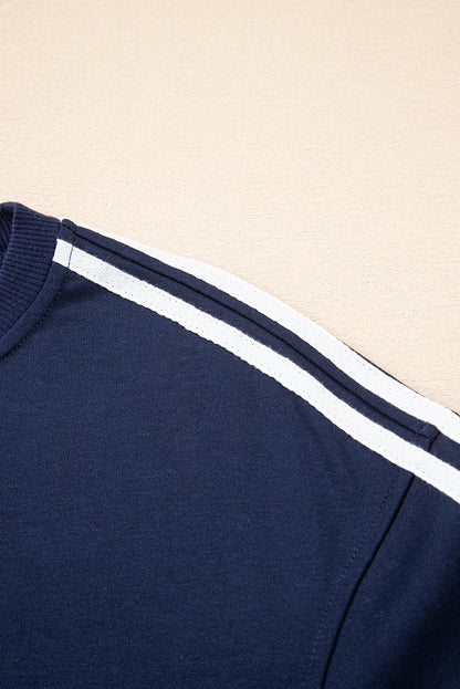Dirty blue Varsity Striped Detail Crewneck Pullover Elastic Sweatpants 2pcs Outfit