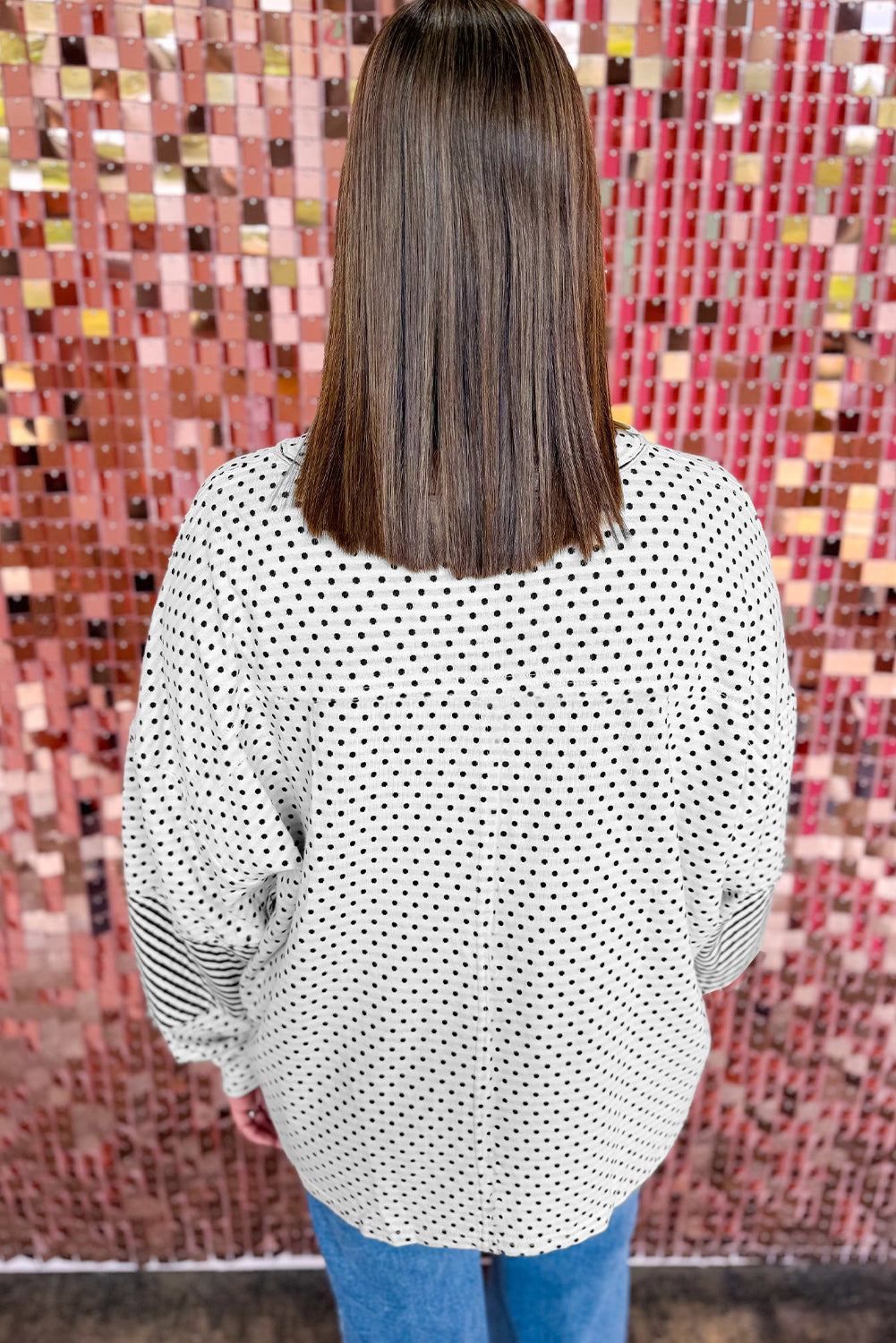 Beige Plus Size Dot Print Striped Patchwork Long Sleeve Henley Top