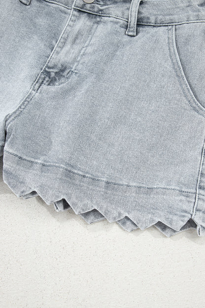 Dusk Blue Scalloped Hemline Acid Wash High Waist Denim Shorts