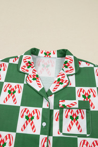 Green Holly Jolly Checkered Pattern 2pcs Long Pajama Set